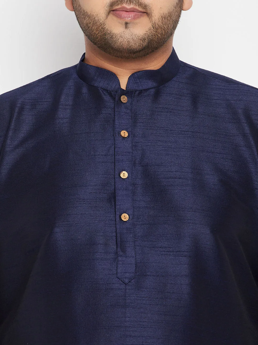 Jashvi Men's Plus Size Navy Blue Woven Silk Blend Jacket Kurta Pyjama Set