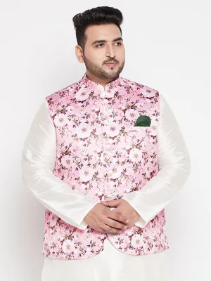 Jashvi Men's Plus Size Pink Floral Print Silk Blend Nehru Jacket