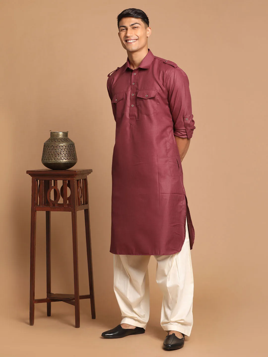 Jashvi Men's Purple Cotton Blend Pathani Style Kurta