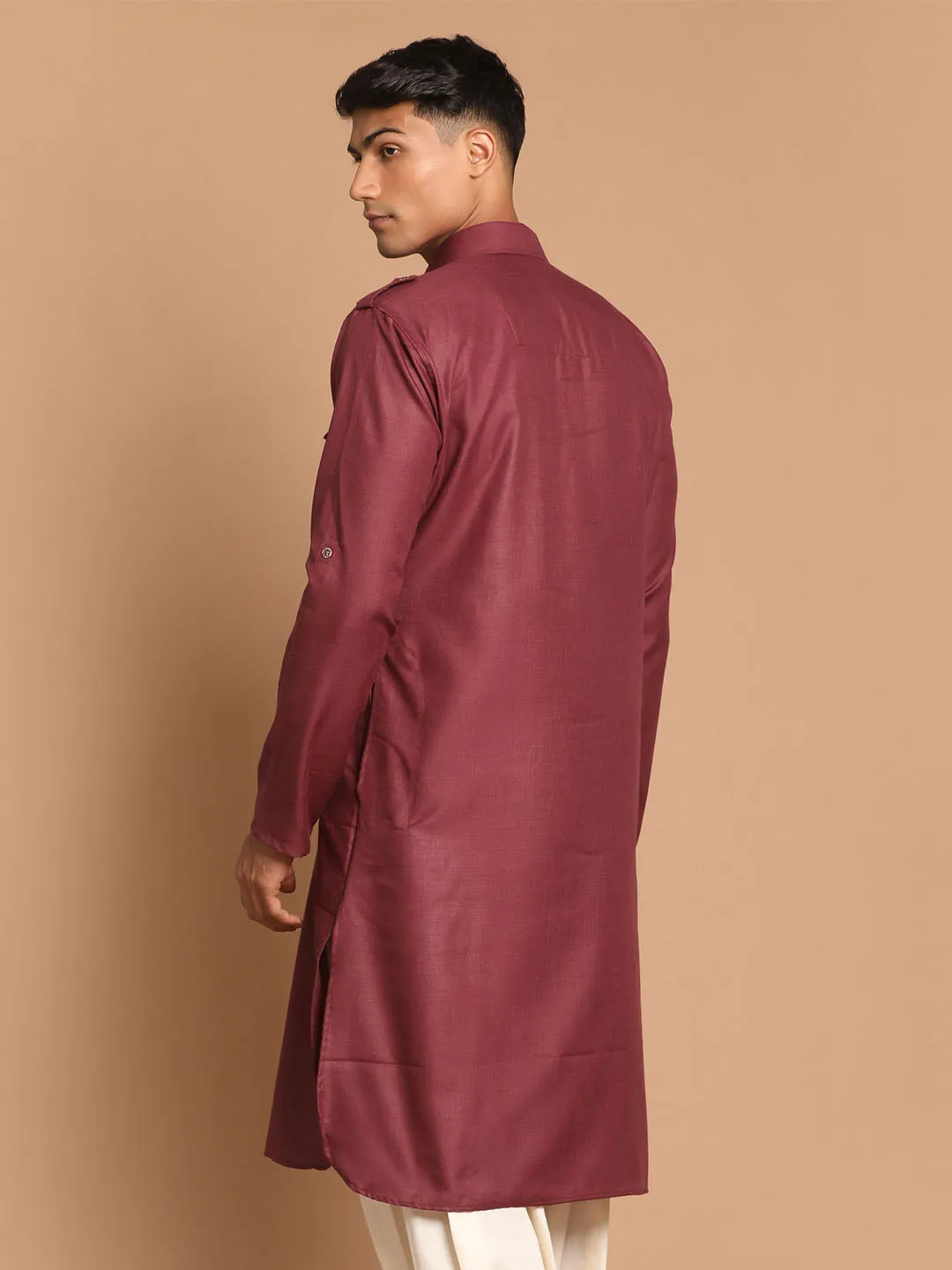 Jashvi Men's Purple Cotton Blend Pathani Style Kurta