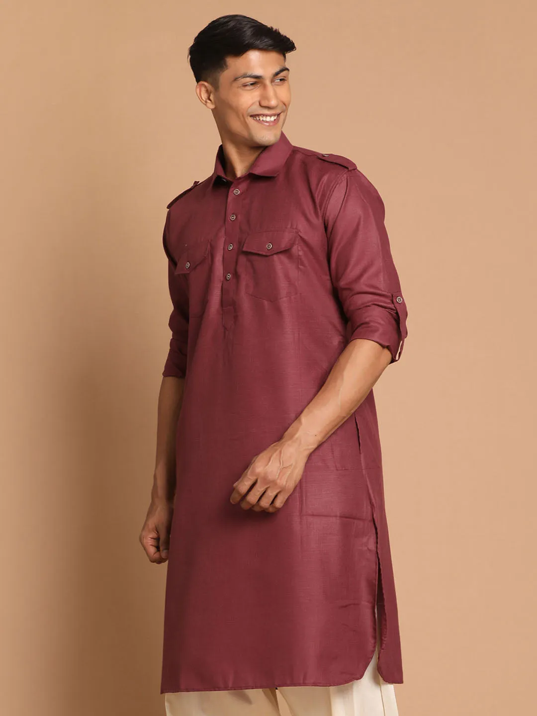 Jashvi Men's Purple Cotton Blend Pathani Style Kurta