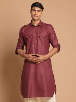 Jashvi Men's Purple Cotton Blend Pathani Style Kurta