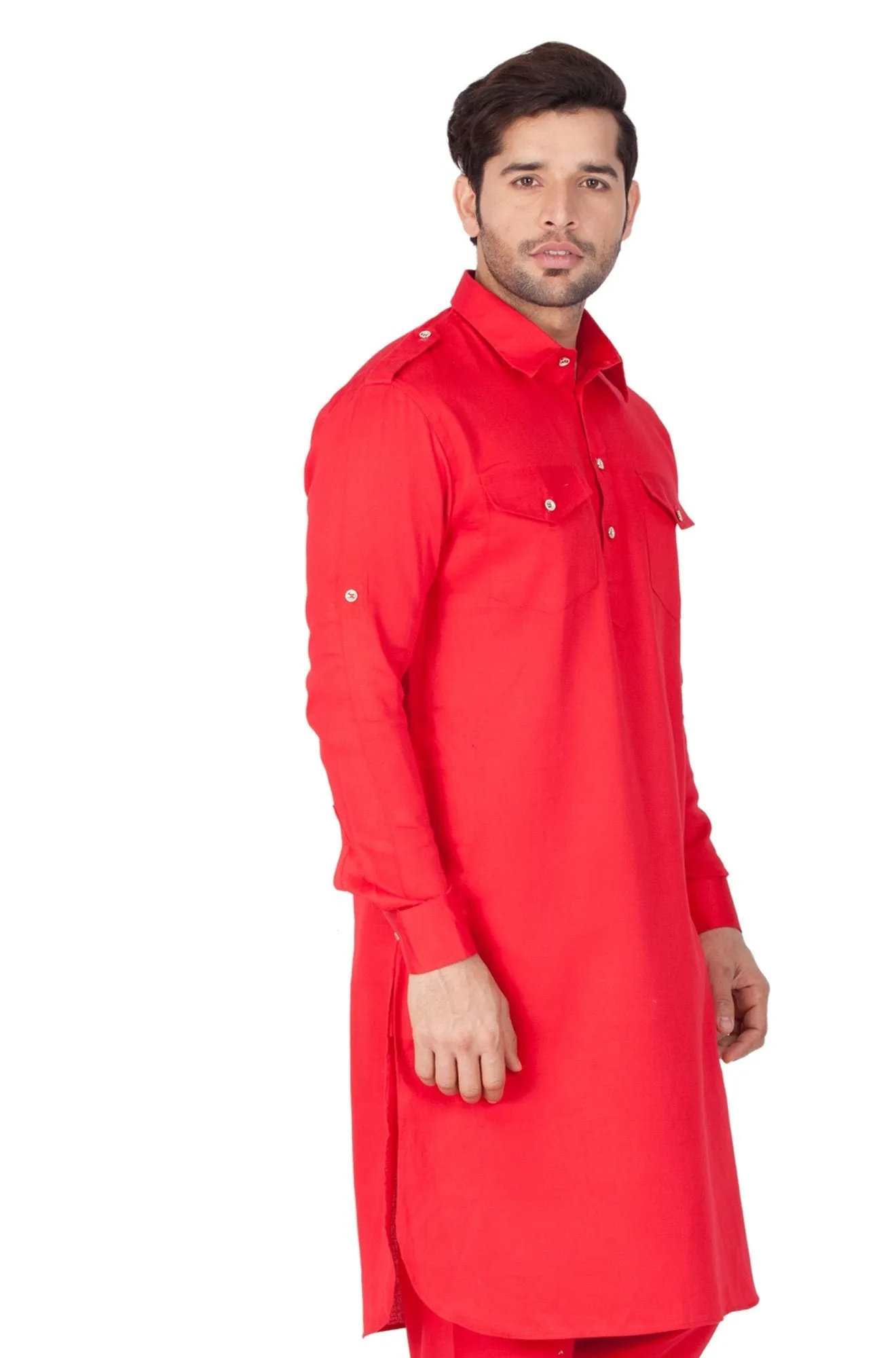 Jashvi Men's Red Cotton Pathani Kurta