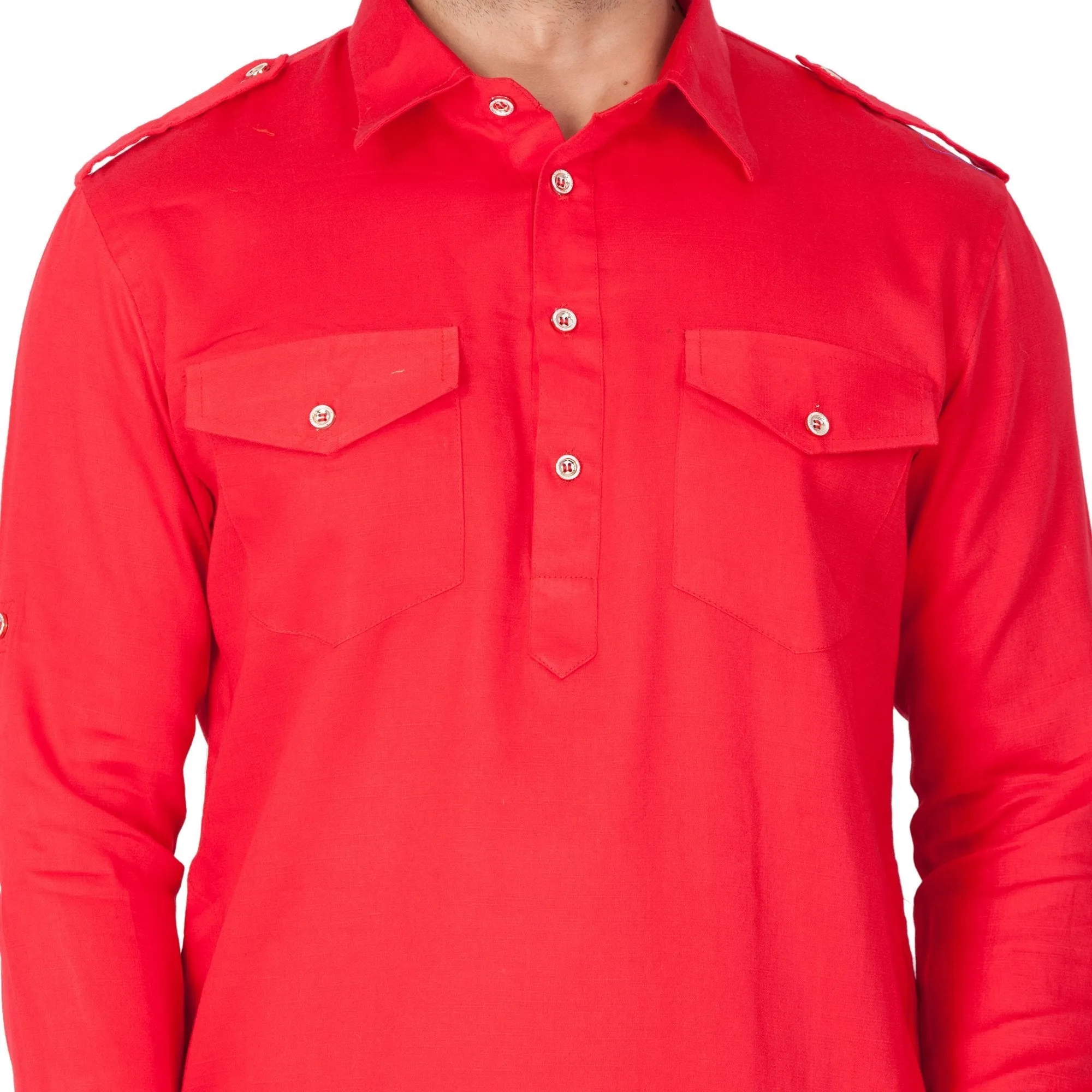 Jashvi Men's Red Cotton Pathani Kurta