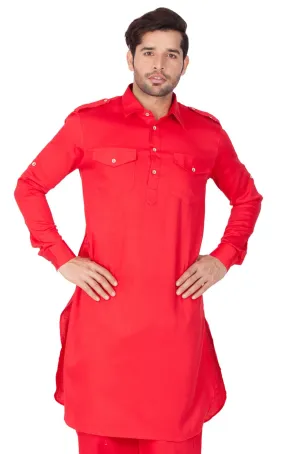 Jashvi Men's Red Cotton Pathani Kurta