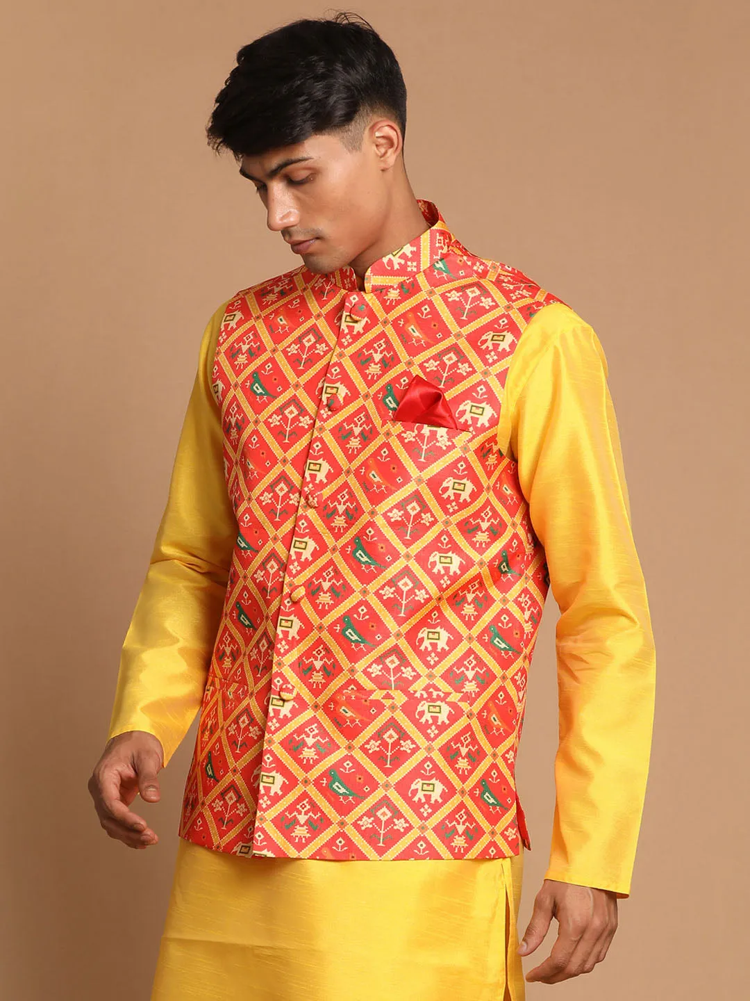 Jashvi Men's Red Patola Print Nehru Jacket