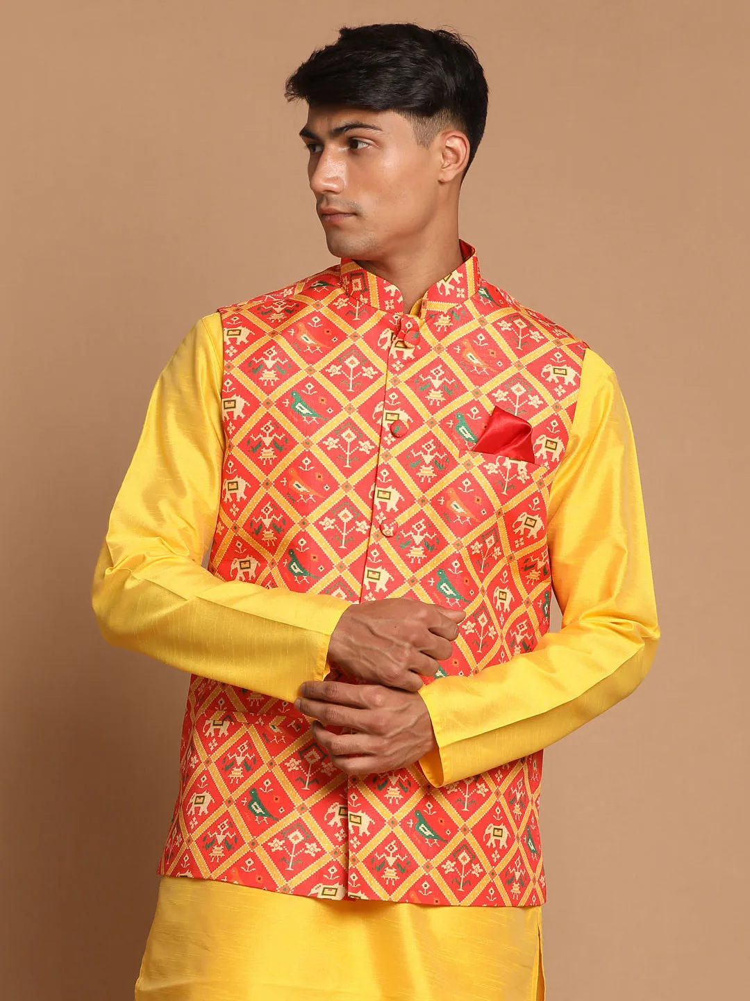 Jashvi Men's Red Patola Print Nehru Jacket