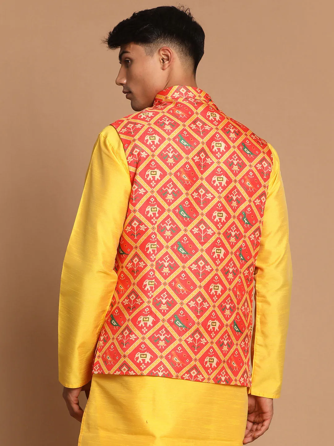 Jashvi Men's Red Patola Print Nehru Jacket