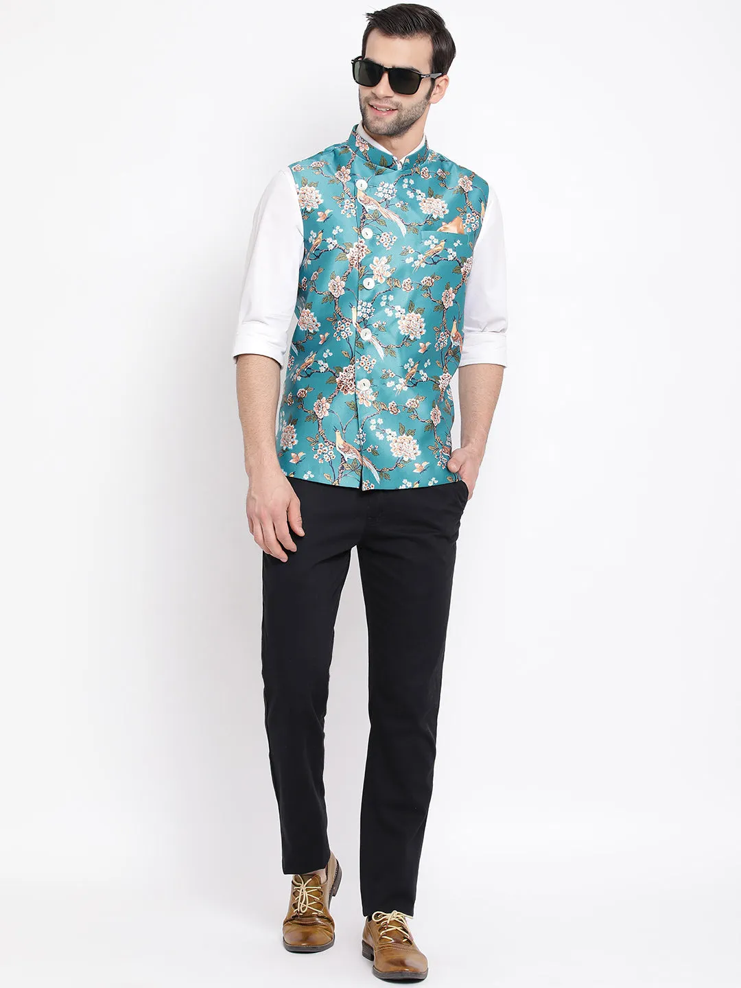 Jashvi Men's Turquoise Digital Printed Royal Angrakha Nehru Jacket