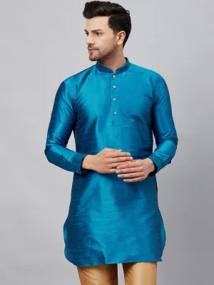 Jashvi Men's Turquoise Silk Blend Curved Kurta