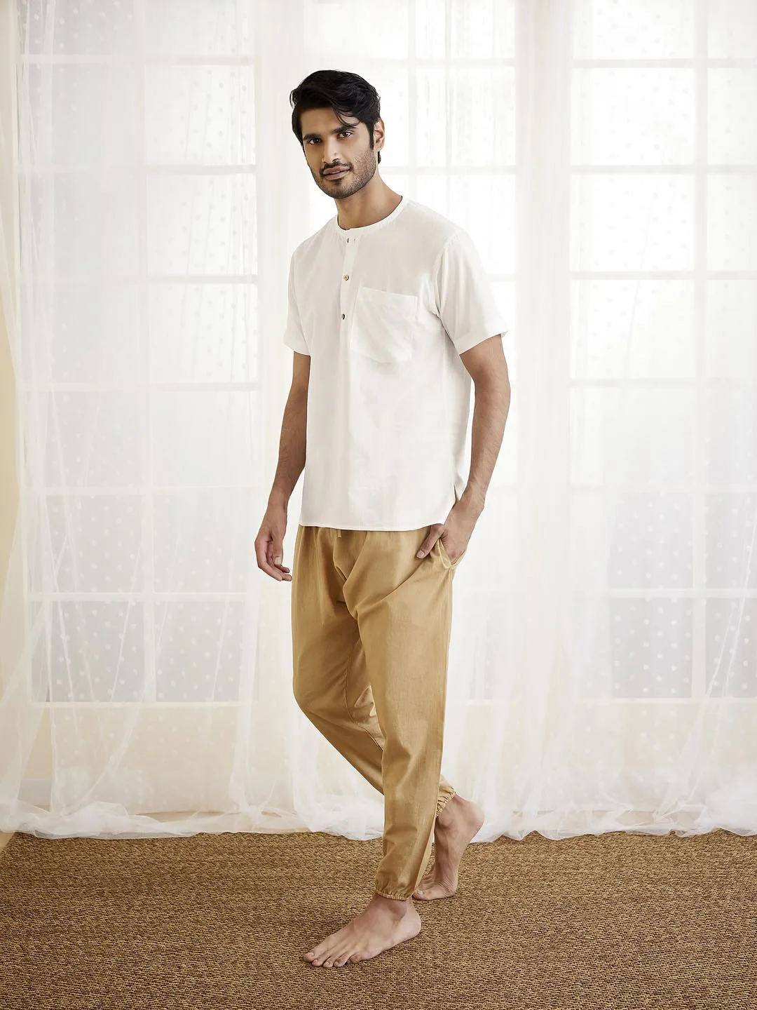 Jashvi Men's White And Beige Cotton Kurta Pyjama Set