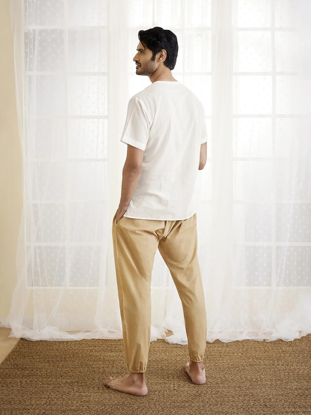 Jashvi Men's White And Beige Cotton Kurta Pyjama Set