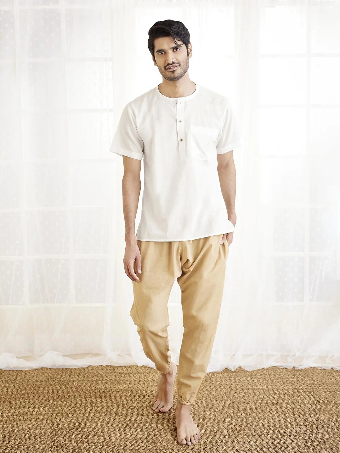 Jashvi Men's White And Beige Cotton Kurta Pyjama Set