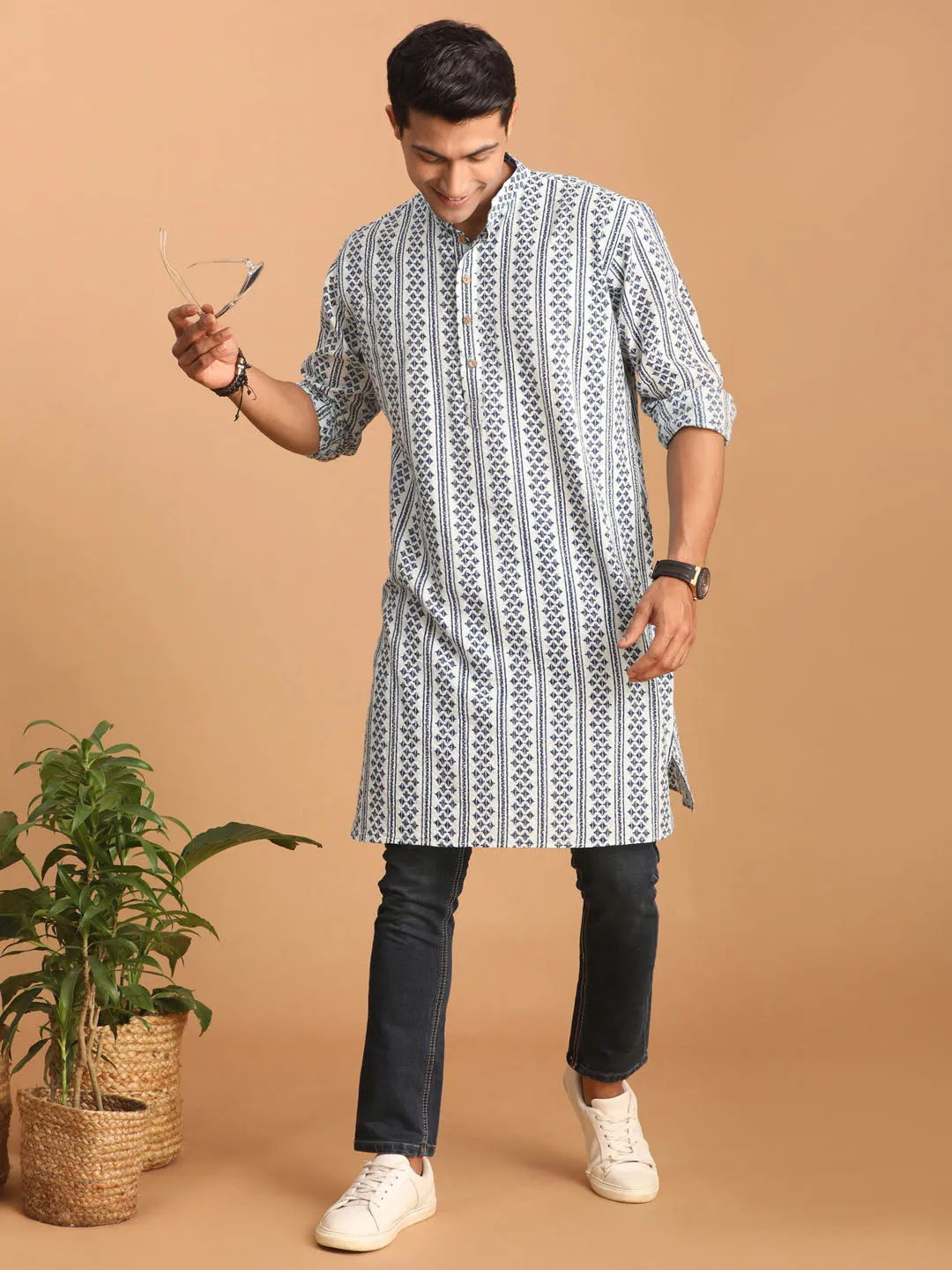 Jashvi Men's White And Blue Geometrical Striped Printed Curved Kurta