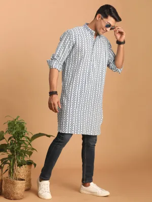 Jashvi Men's White And Blue Geometrical Striped Printed Curved Kurta