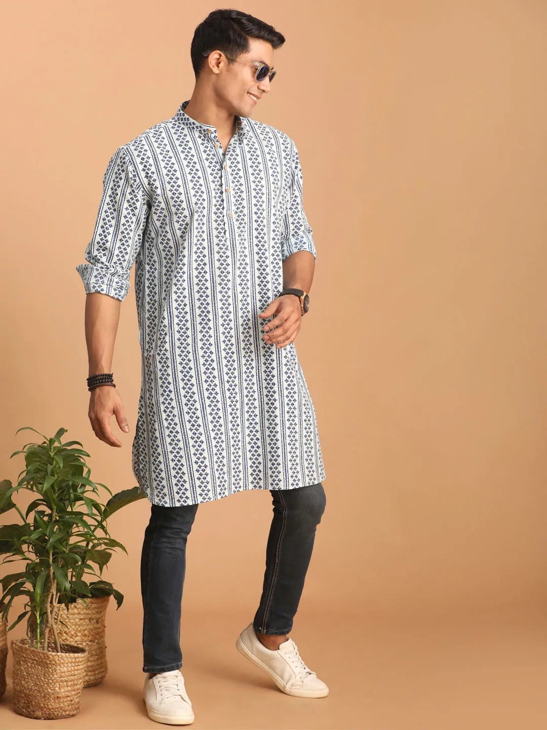 Jashvi Men's White And Blue Geometrical Striped Printed Curved Kurta