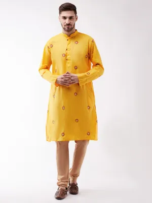 Jashvi Men's Yellow And Rose Gold Cotton Blend Kurta And Pyjama Set