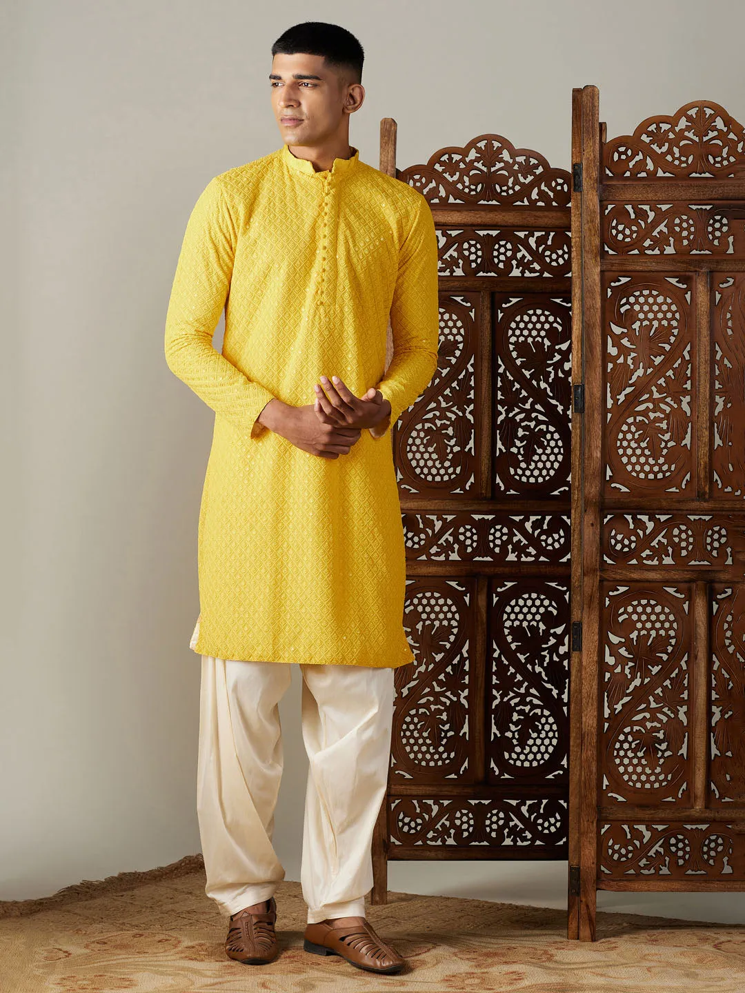 Jashvi Men's Yellow Embroidery Worked Georgette Kurta With Cream Patiala Set