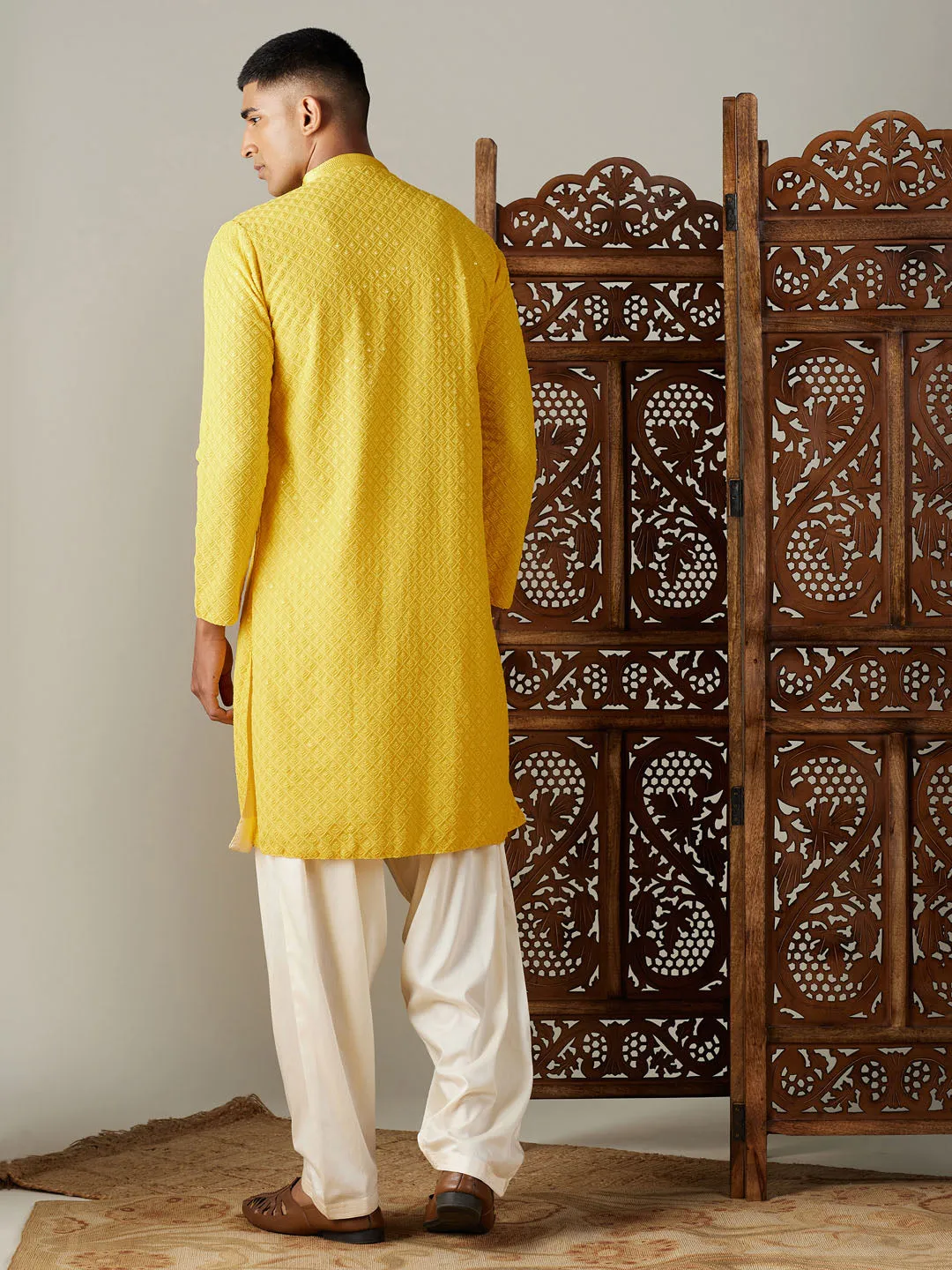 Jashvi Men's Yellow Embroidery Worked Georgette Kurta With Cream Patiala Set