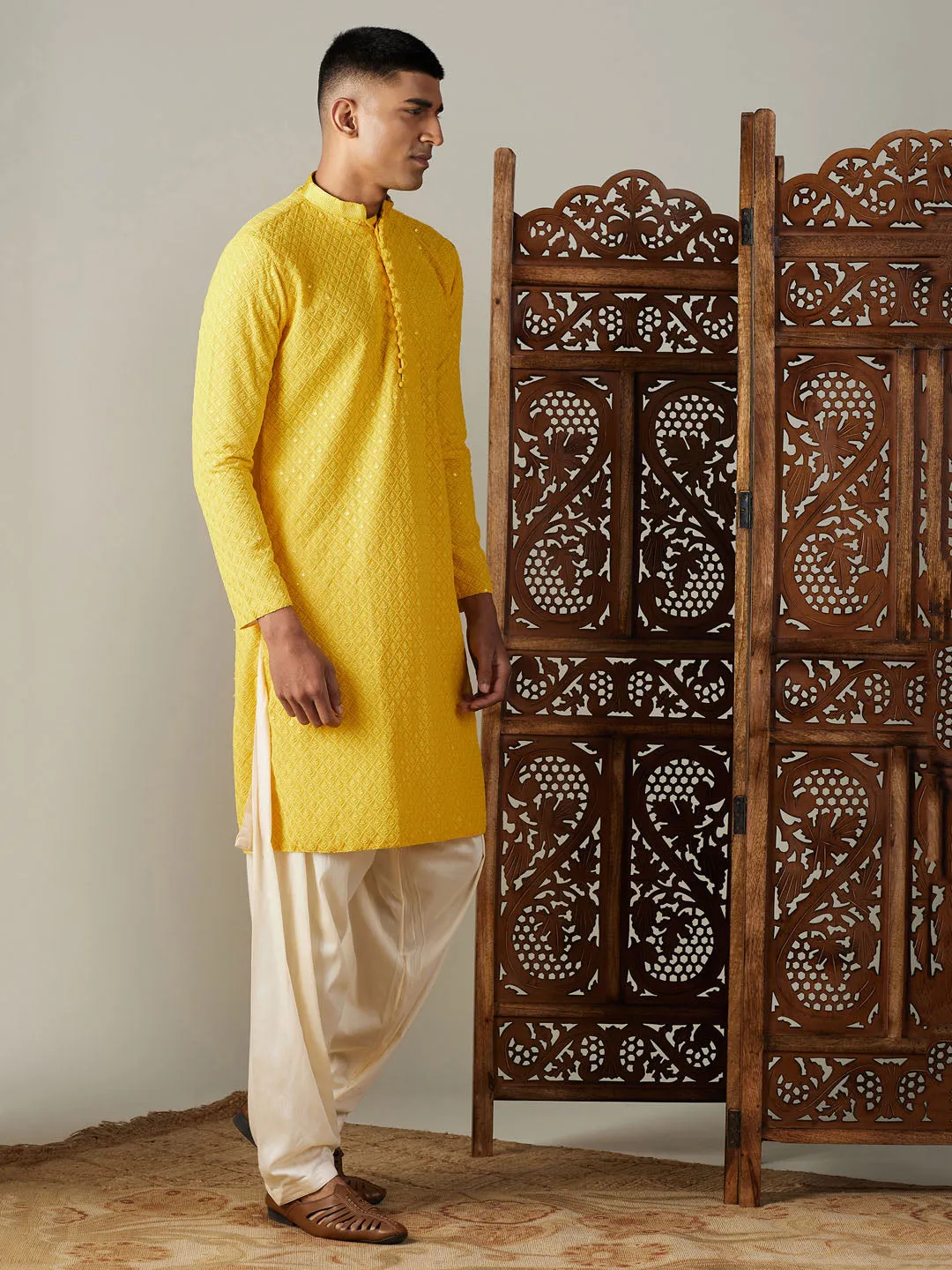 Jashvi Men's Yellow Embroidery Worked Georgette Kurta With Cream Patiala Set