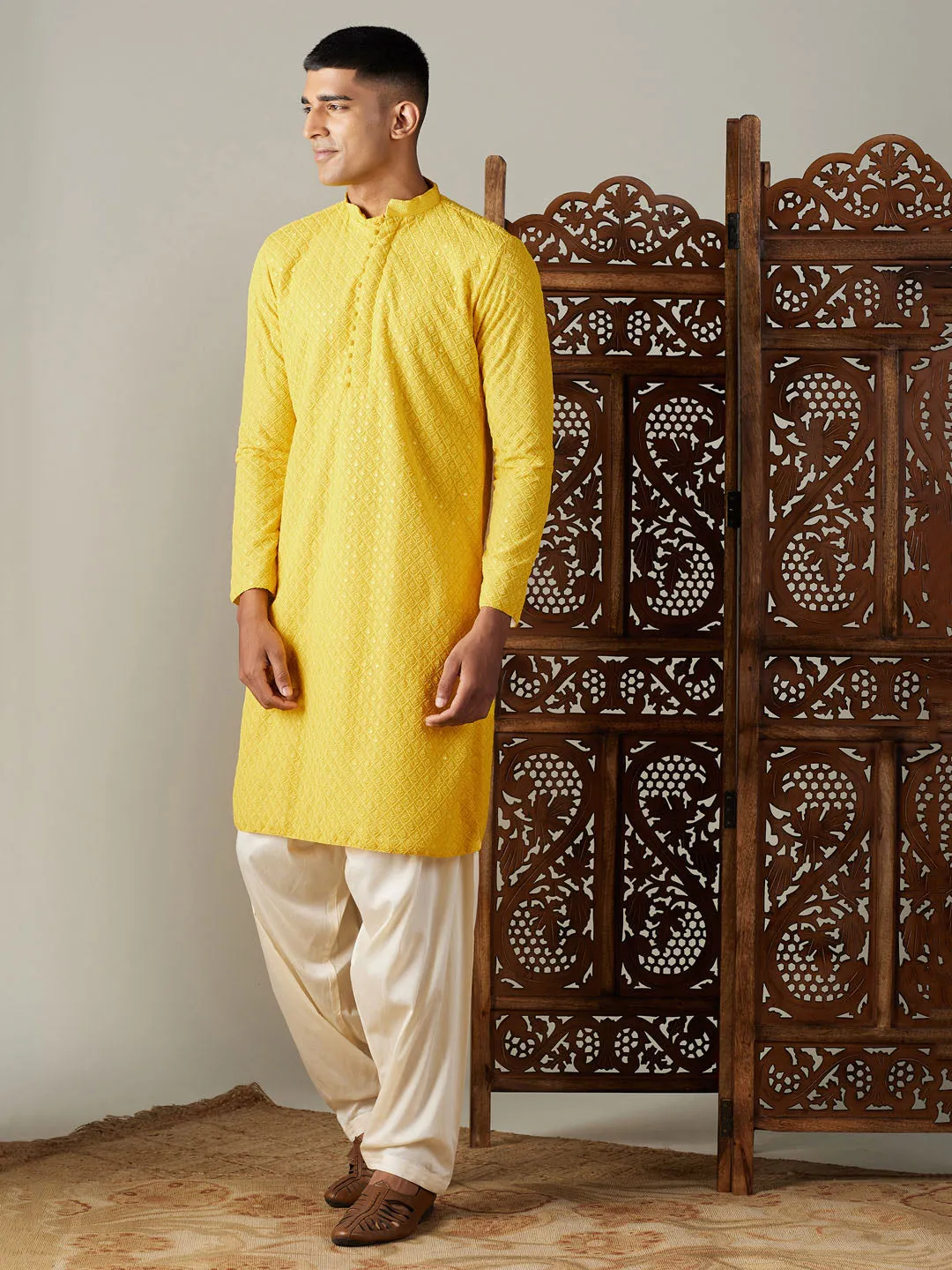 Jashvi Men's Yellow Embroidery Worked Georgette Kurta With Cream Patiala Set