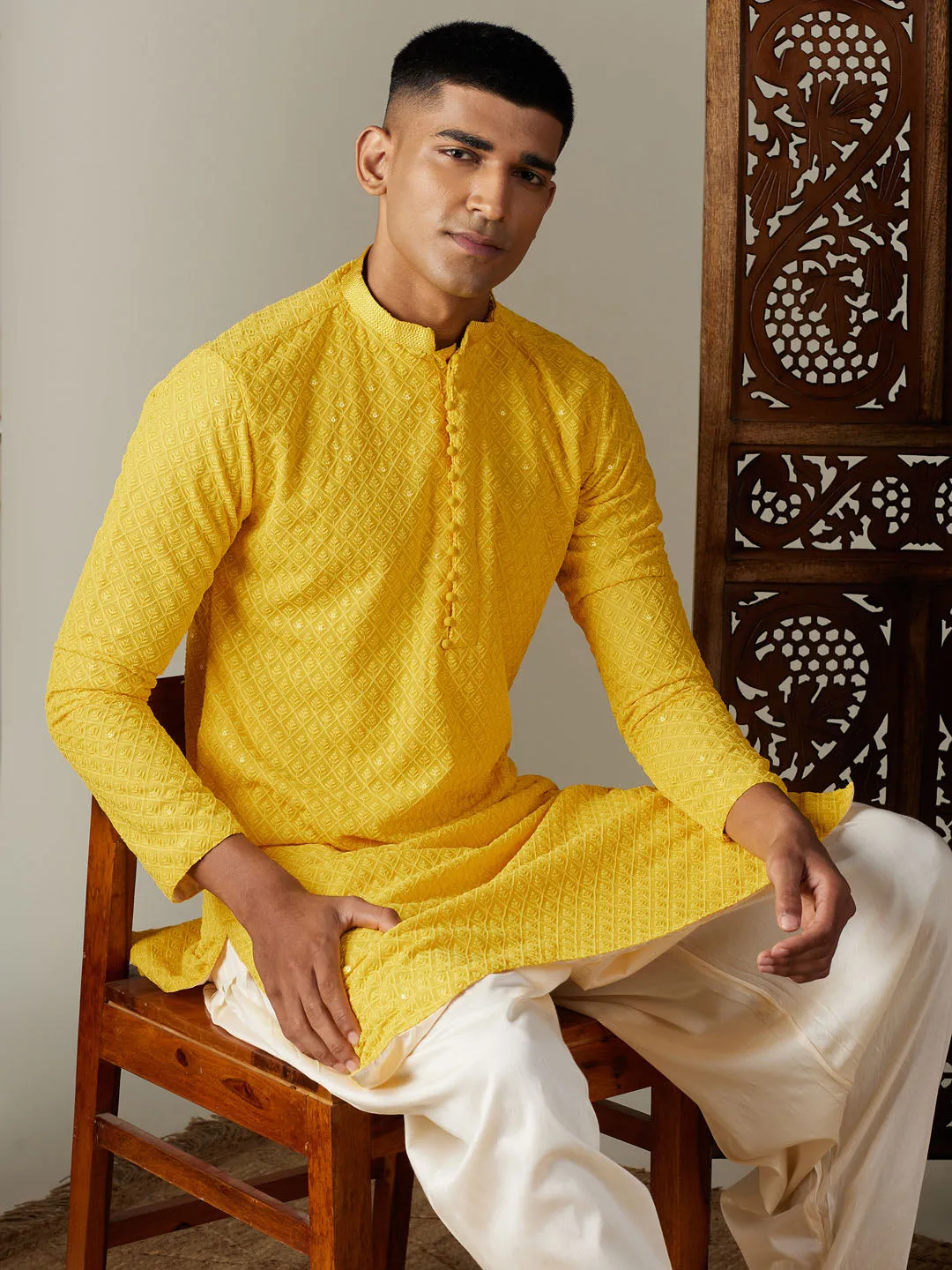 Jashvi Men's Yellow Embroidery Worked Georgette Kurta With Cream Patiala Set