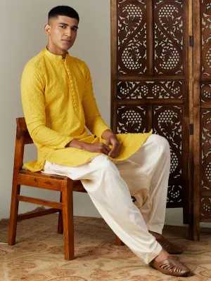 Jashvi Men's Yellow Embroidery Worked Georgette Kurta With Cream Patiala Set