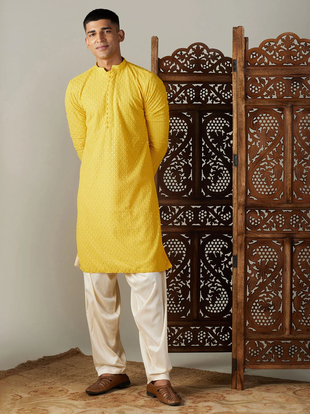 Jashvi Men's Yellow Embroidery Worked Georgette Kurta With Cream Patiala Set