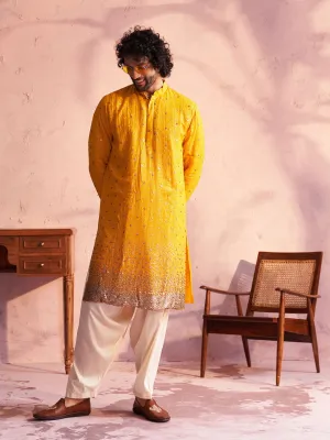 Jashvi Men's Yellow Georgette Zari With Sequins Worked Kurta Patiala Set