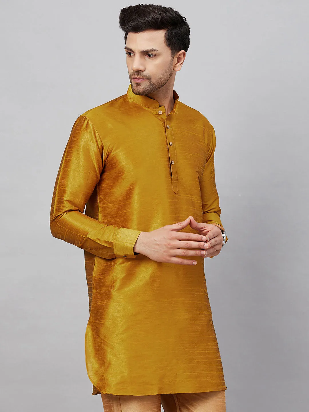 Jashvi Men's Yellow Silk Blend Curved Kurta