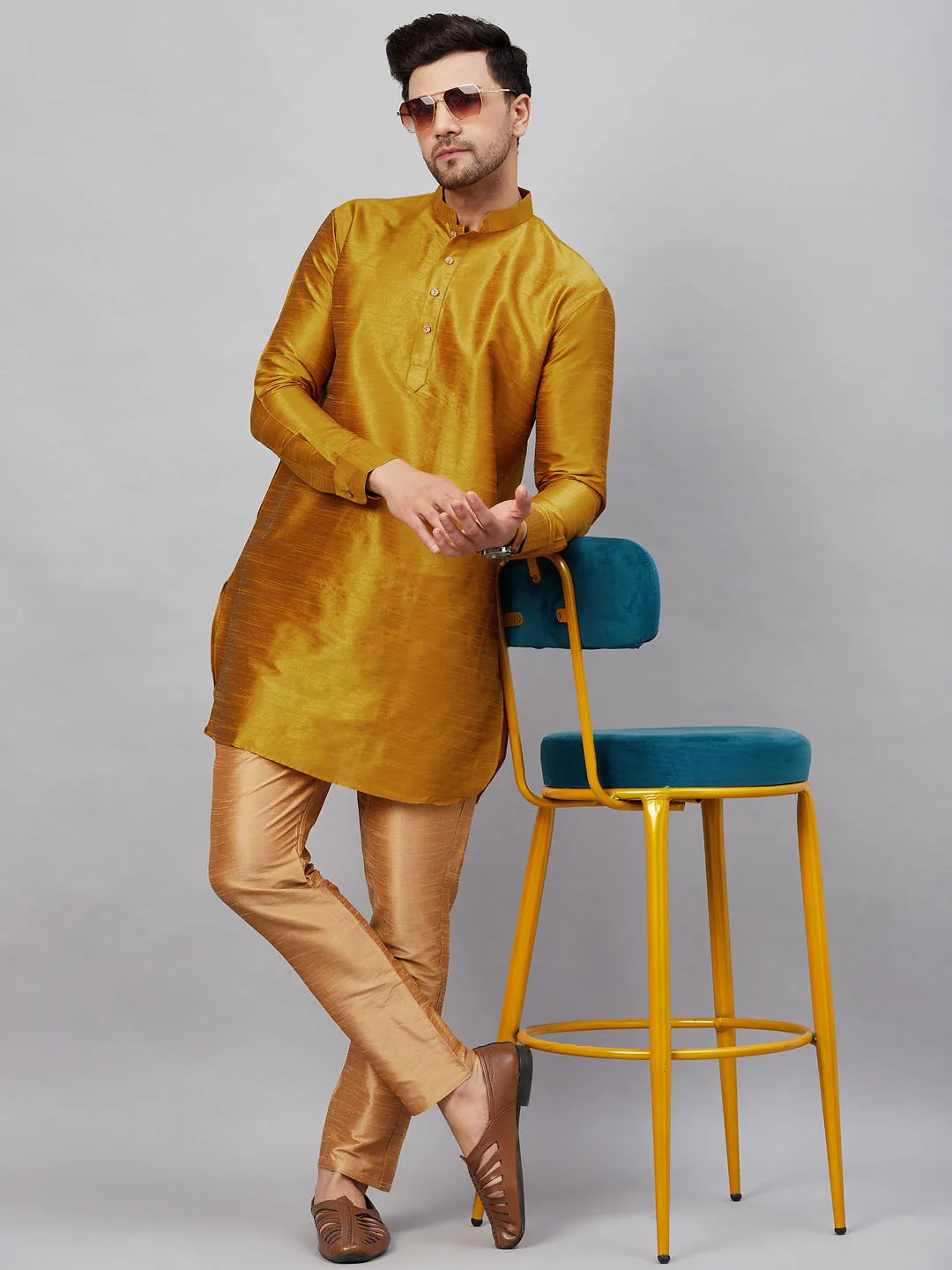 Jashvi Men's Yellow Silk Blend Curved Kurta