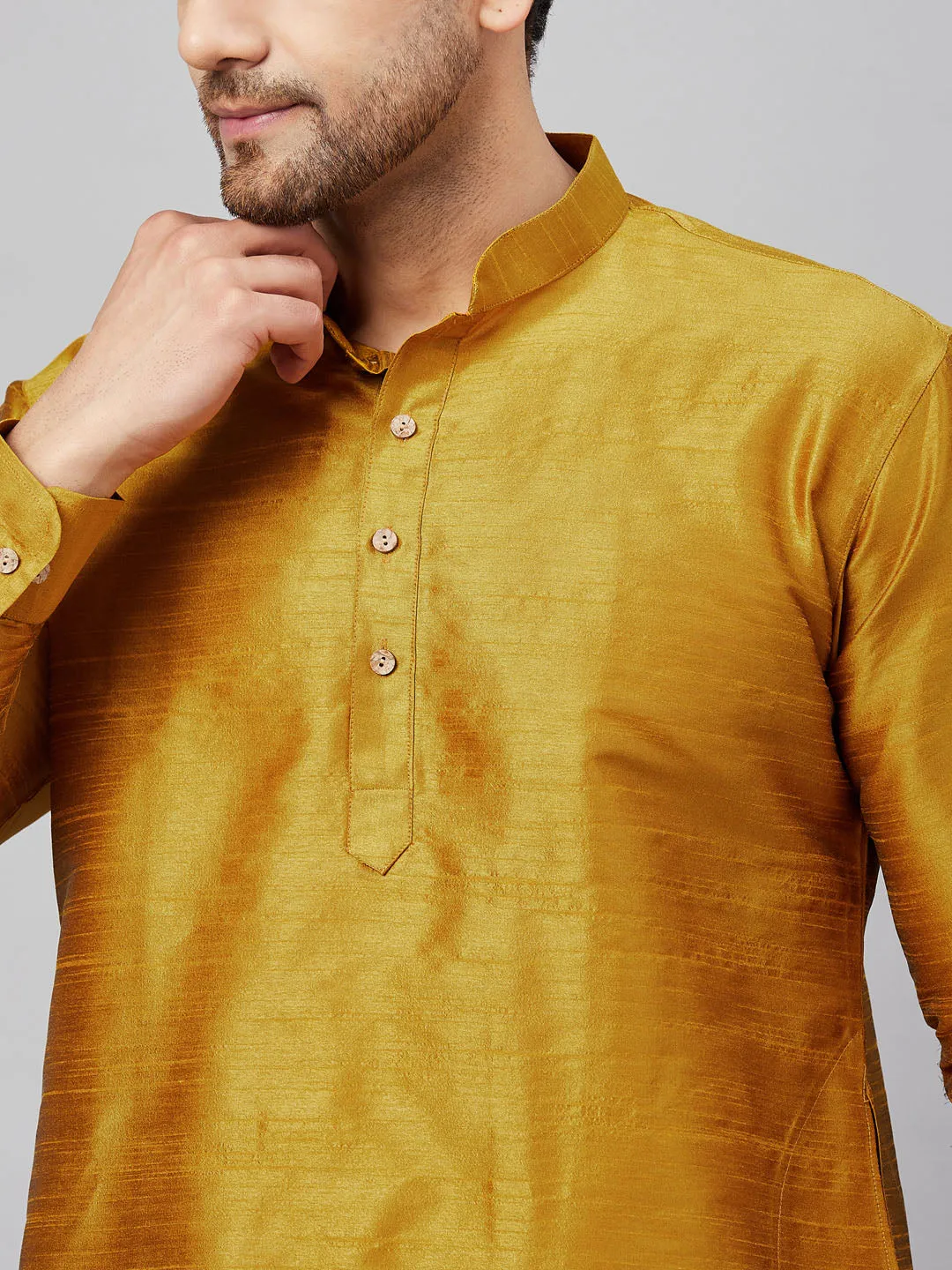 Jashvi Men's Yellow Silk Blend Curved Kurta