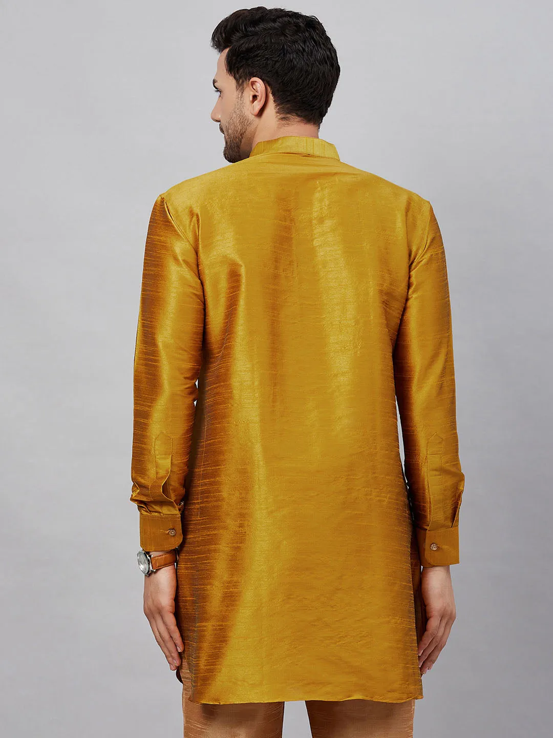 Jashvi Men's Yellow Silk Blend Curved Kurta