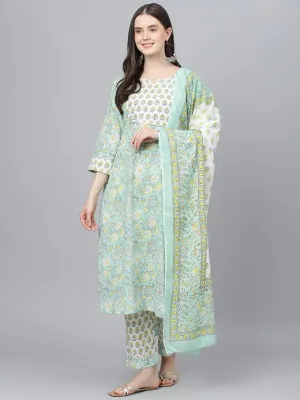 Jashvi Mint Green Floral Printed Kurta Pant set With Dupatta