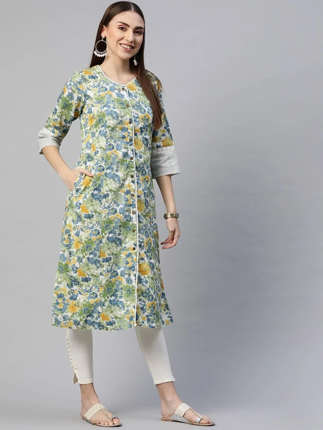 Jashvi Multi Color Floral Printed Cotton Flex A-line Kurta