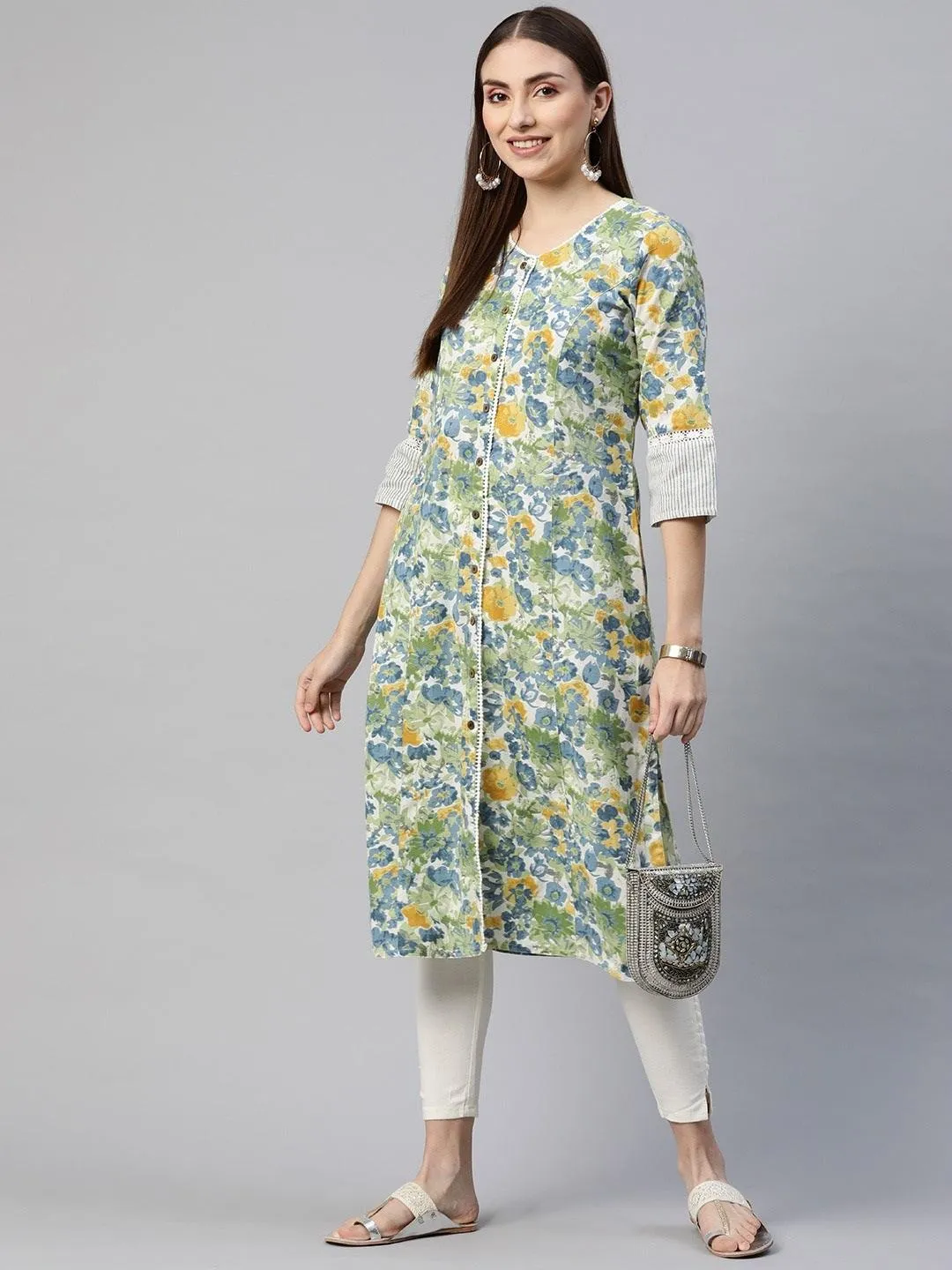 Jashvi Multi Color Floral Printed Cotton Flex A-line Kurta