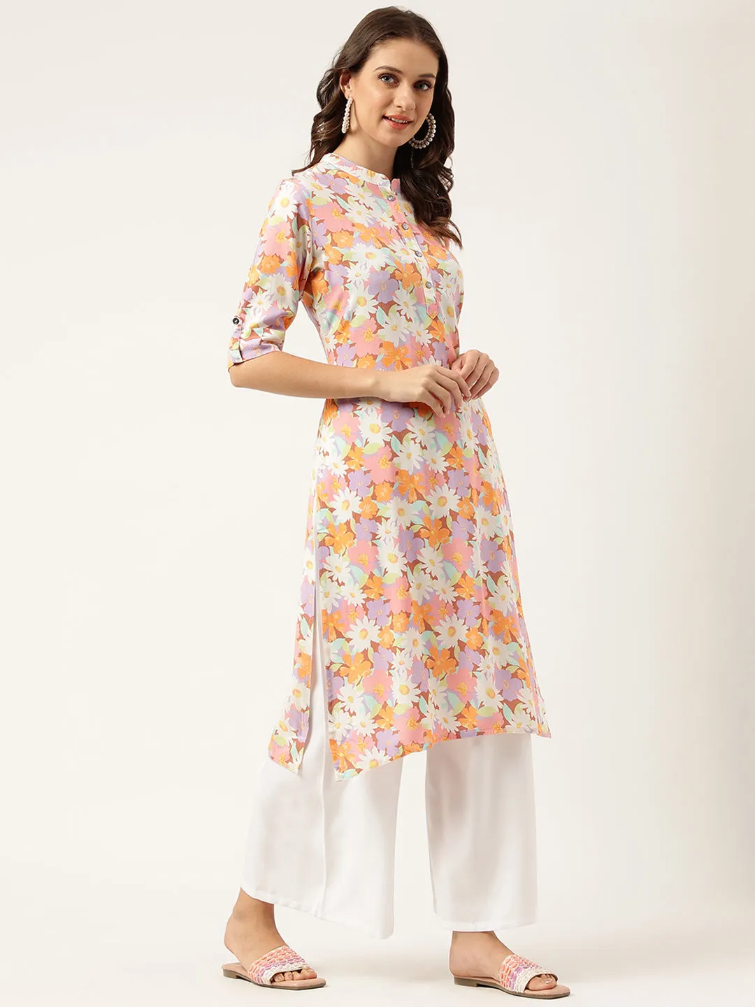 Jashvi Multi Colored Floral Digital Printed Straight Half Sleeve Kurta