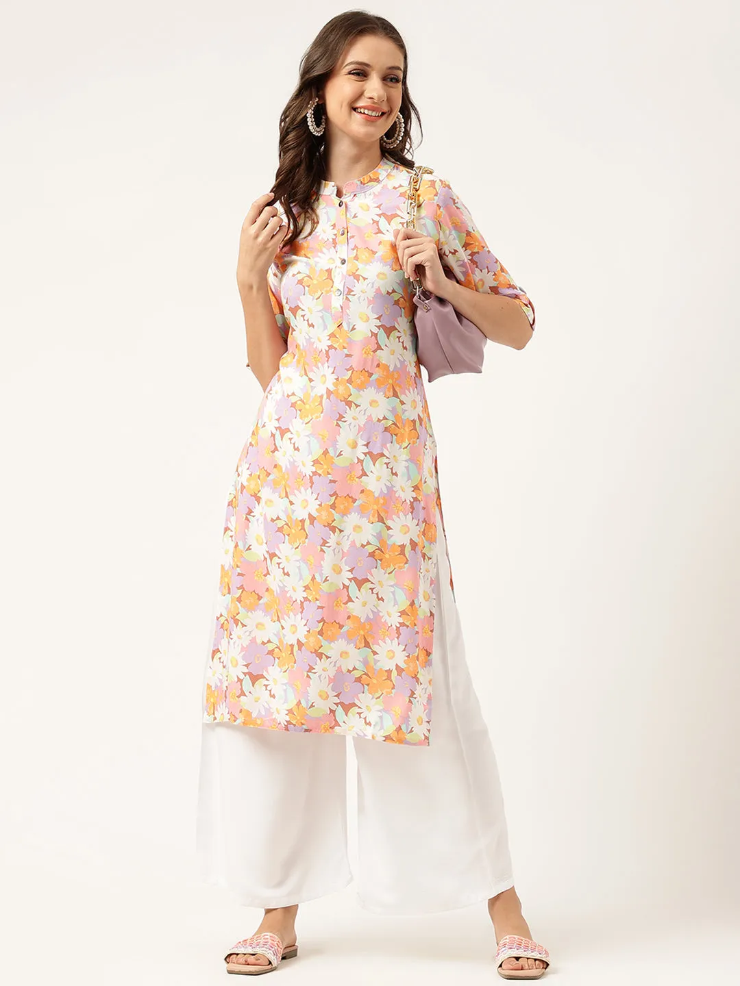 Jashvi Multi Colored Floral Digital Printed Straight Half Sleeve Kurta