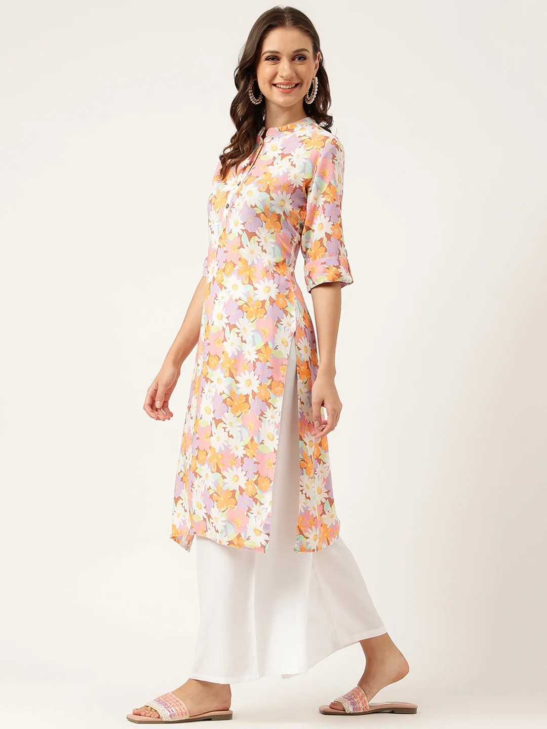 Jashvi Multi Colored Floral Digital Printed Straight Half Sleeve Kurta