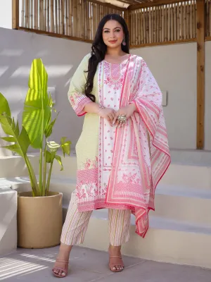 Jashvi Multi-Colored Floral Printed & Stripped Rayon Plus Size Kurta Pants & Dupatta Set With Beads & Sequins (3-Pcs)