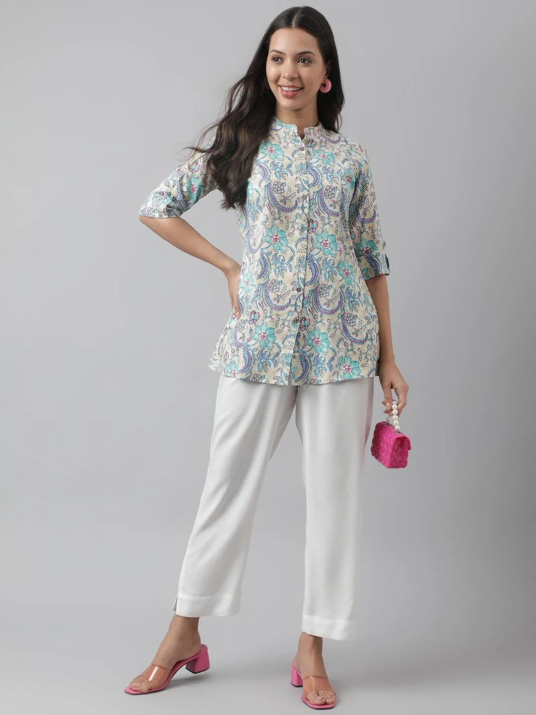 Jashvi Multi Colored Floral Printed Rayon A-line Shirt Style Top