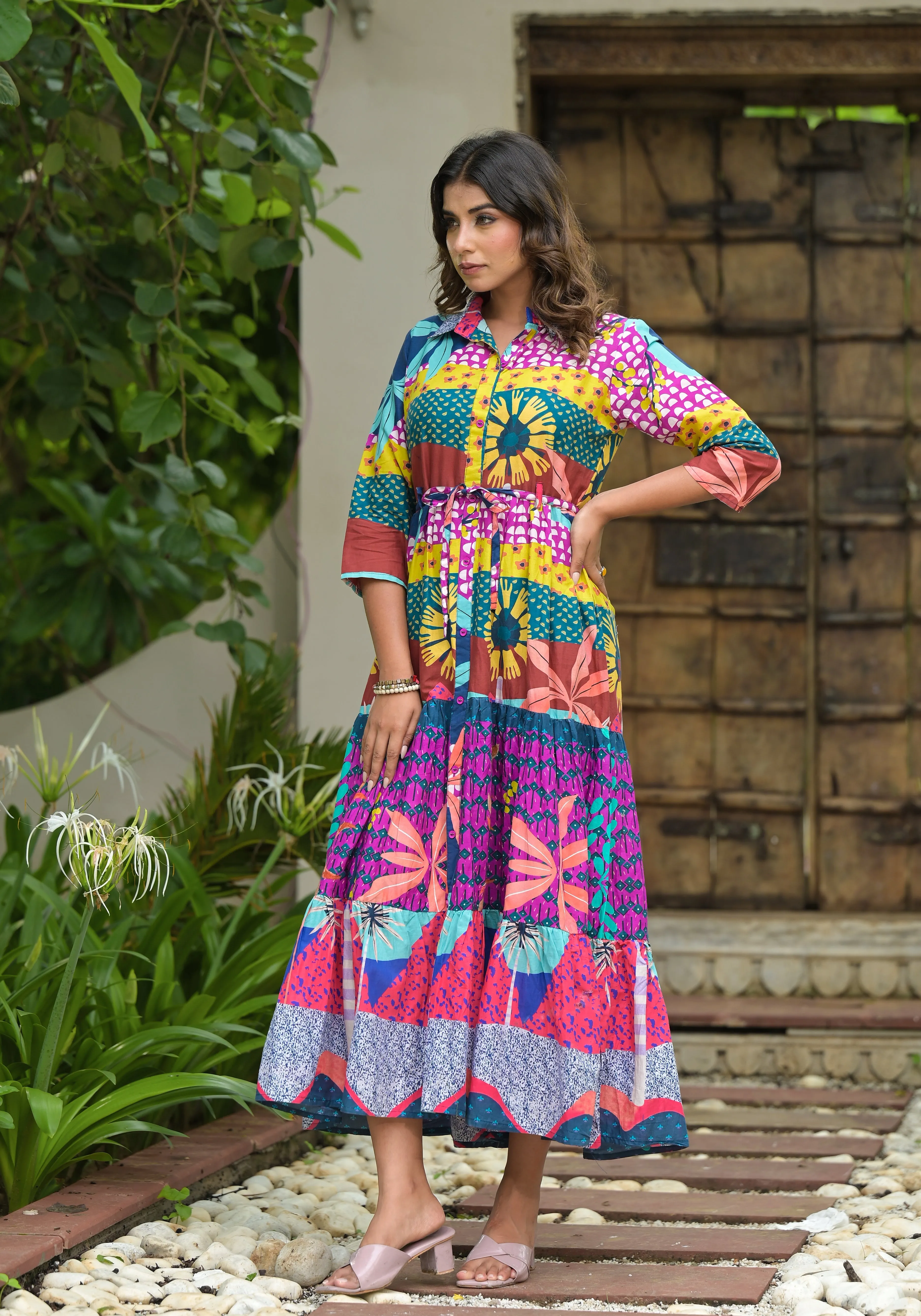 Jashvi Multi Geometric Printed Cambric Dress With Buttons & Doris On Waist