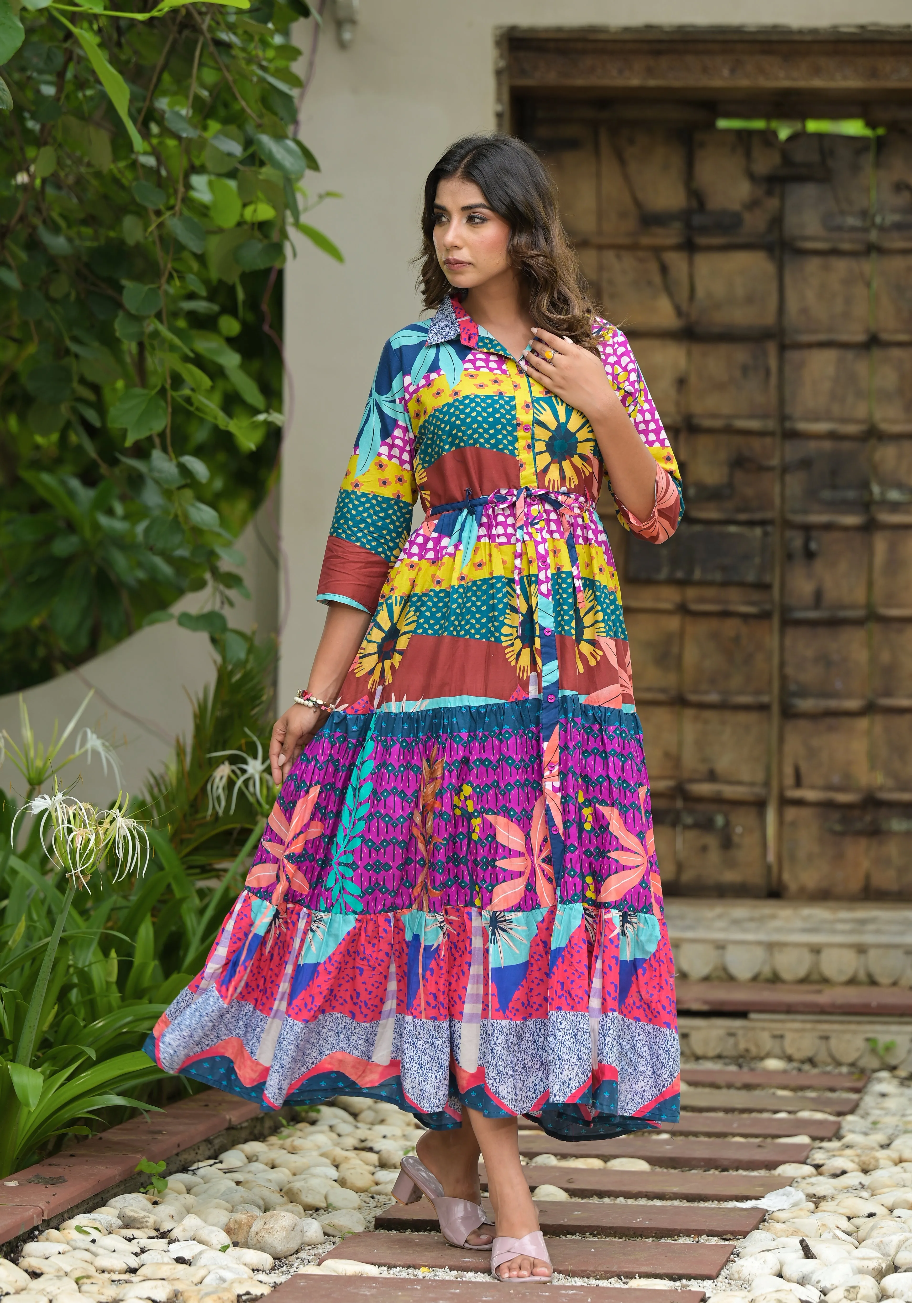 Jashvi Multi Geometric Printed Cambric Dress With Buttons & Doris On Waist