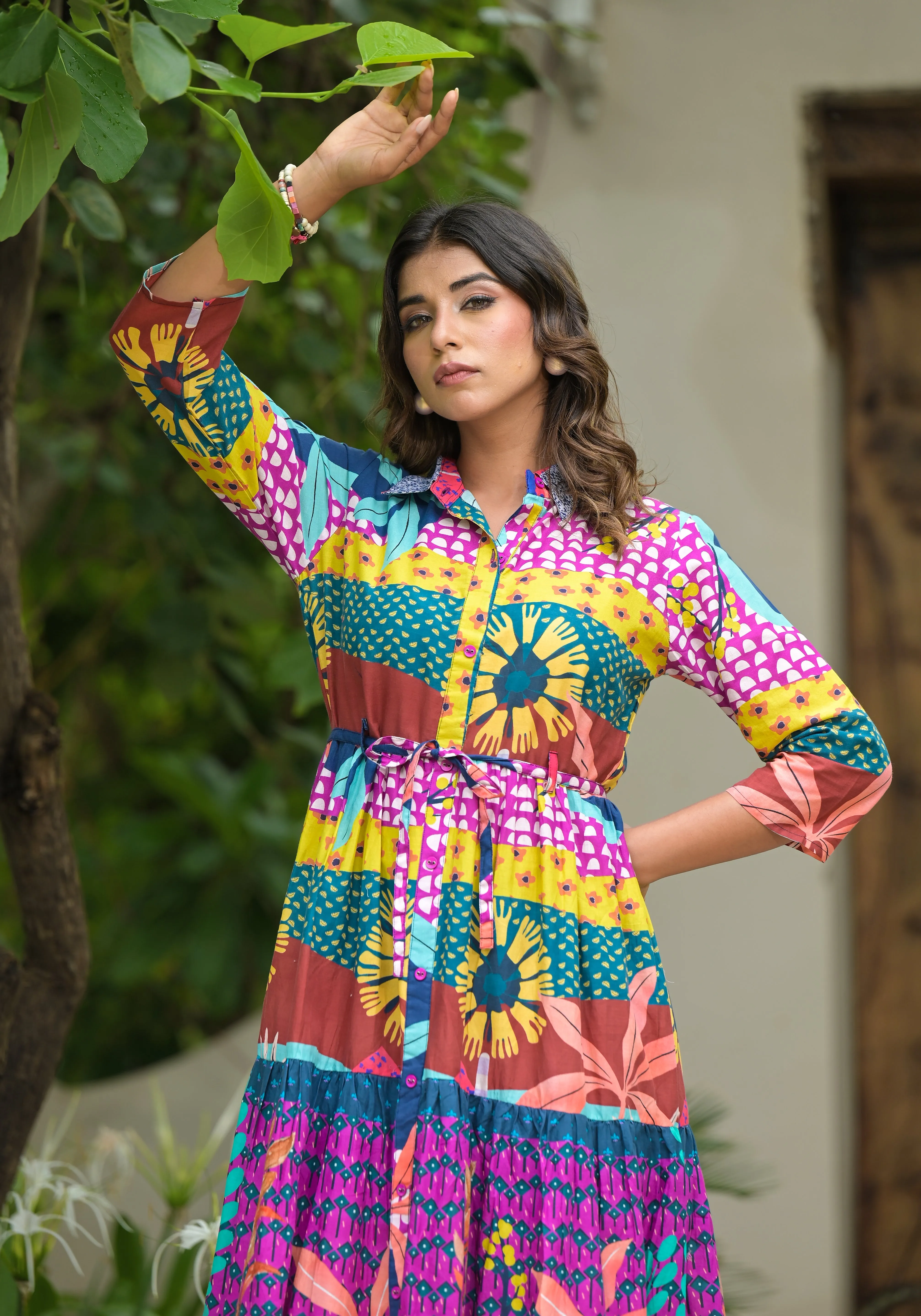 Jashvi Multi Geometric Printed Cambric Dress With Buttons & Doris On Waist