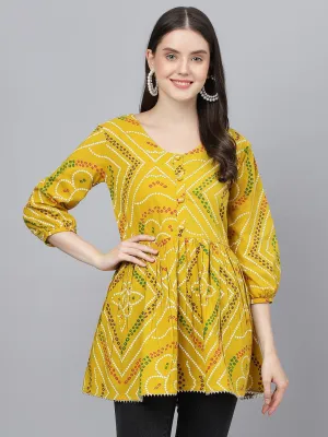 Jashvi Mustard Bandhani Printed Cotton Peplum Top