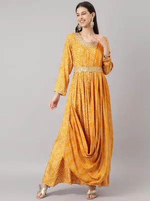 Jashvi Mustard bandhani Printed Muslin Zari work Drape Style Flared Gown