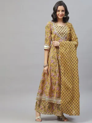 Jashvi Mustard Cotton Anarkali Kurta Palazzo Set With Dupatta