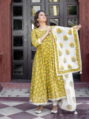 Jashvi Mustard Cotton Anarkali Kurta Pant Set With Dupatta