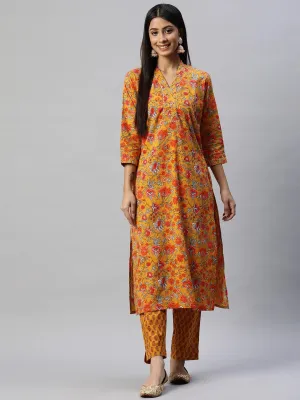 Jashvi Mustard Cotton Floral Printed Kurta Pant Set