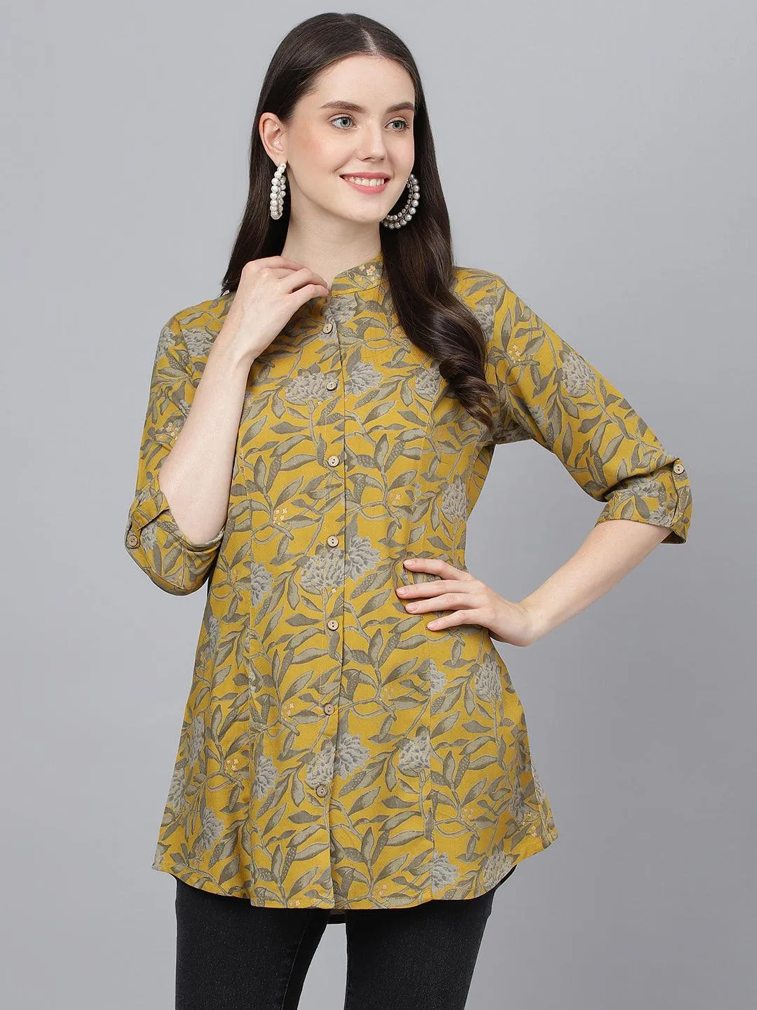 Jashvi Mustard Floral printed Rayon A-line Shirts Style Top